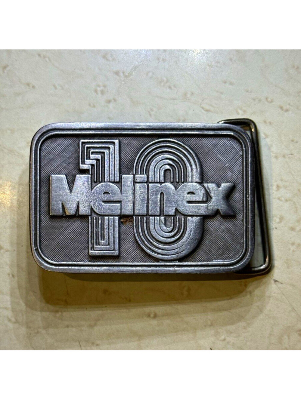 Vintage Melinex Genuine Pewter Belt Buckle Retro Geometric Logo 3” x 2”